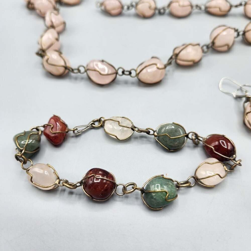 Caged Rose Quartz Necklace Wire Wrapped Polished Stones Bracelet Earrings Ring - Picture 2 of 11